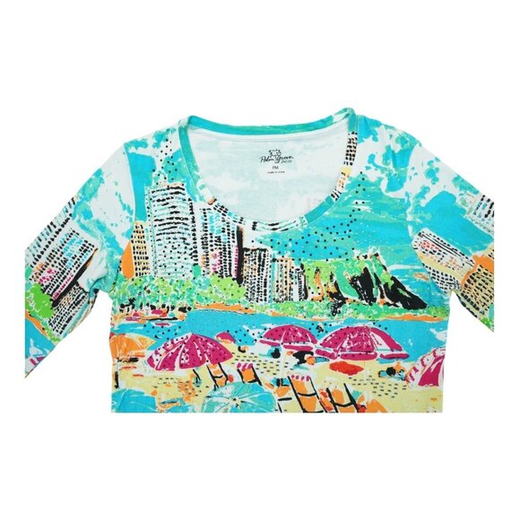 PALM GROVE Womens PM Petites Top Tropical Paradise, Beach 3/4 Sleeve Rhinestones - Picture 3 of 5